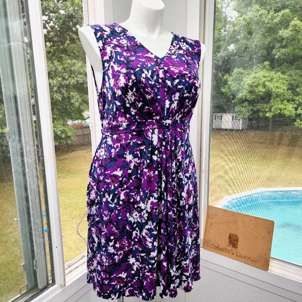 Daisy Fuentes Purple Print Pleated Fit & Flare Sleevess Dress